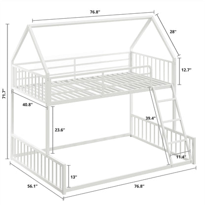 LIKIMIO Bunk Bed Twin Over Full Size, House Bunk Bed Frame with Ladder and Guardrail, House Shaped with Metal Slats Support No Box Spring Needed Space Saving for Bedroom and Dorm, White