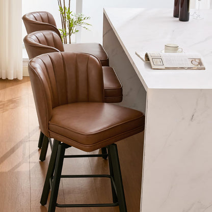 SAECKBERG Swivel Counter Height Bar Stools Set of 4, 26'' Modern Barstools with Backs and Metal Legs, Upholstered Bar Chairs, Faux Leather Dark Brown Stools for Kitchen Island Chairs