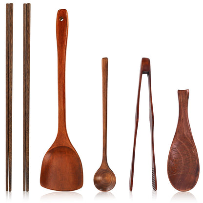 ZOOFOX 6 Pieces Wood Utensils Set, Nonstick Wood Kitchen Utensils with Japanese Style, Wooden Long Chopsticks, Spatula, Toaster Tong, Long Handle Spoon and Fish-shaped Rice Spoon for Cooking