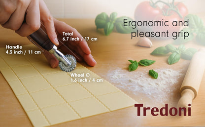 Tredoni 1.6" Pastry Wheel - Dough Stamp Cutter/Crimper, Pasta/Ravioli/Pie Maker, 4cm Stainless Steel Wheel Wooden Handle