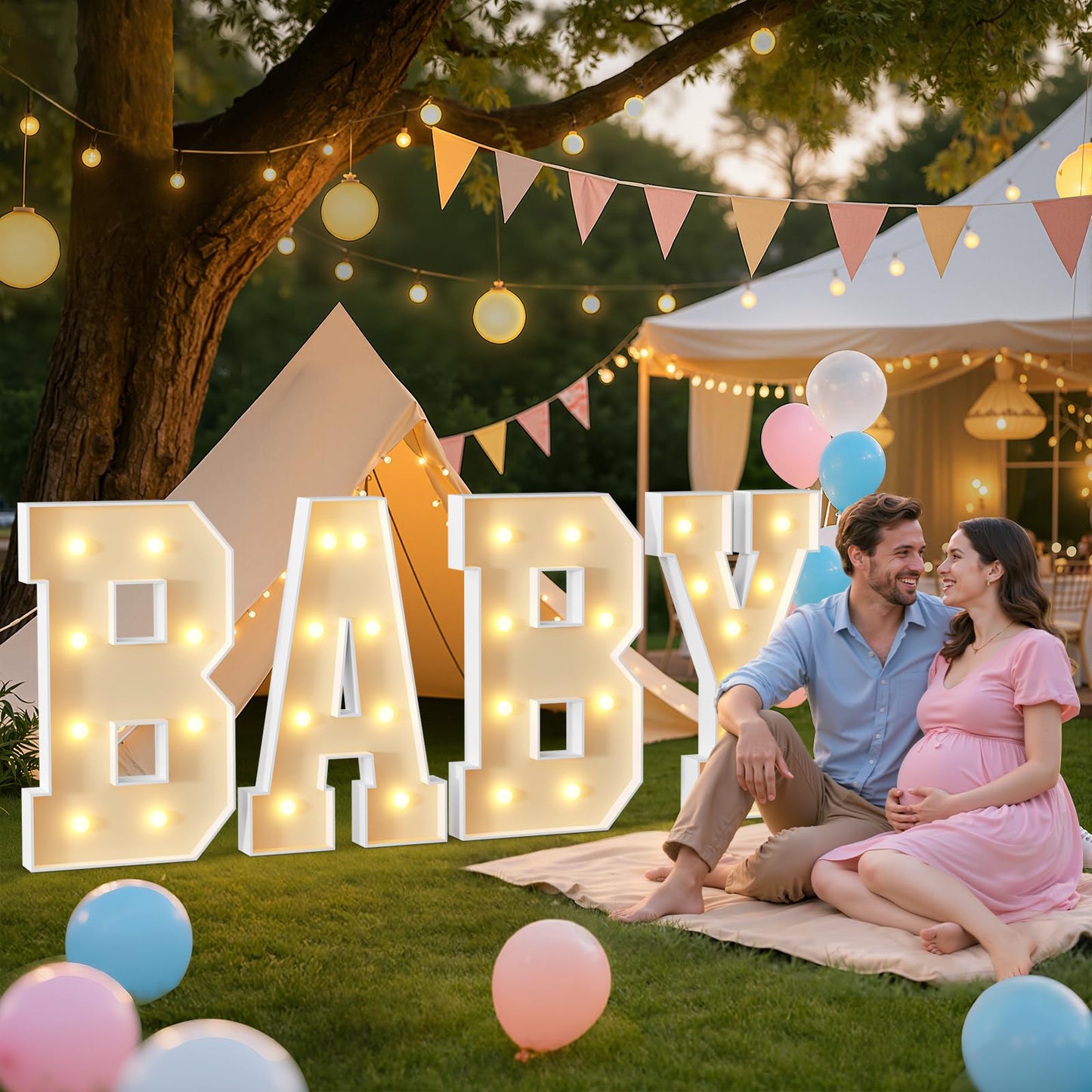 3FT Baby Marquee Letters, Large Light Up BABY Sign for Backdrop Baby Shower Decorations, 3 Feet Tall Big Light Up Letters for Girl Boy Gender Reveal Party Decor, Pre-Cut Foam Board Kit, 4 Pcs