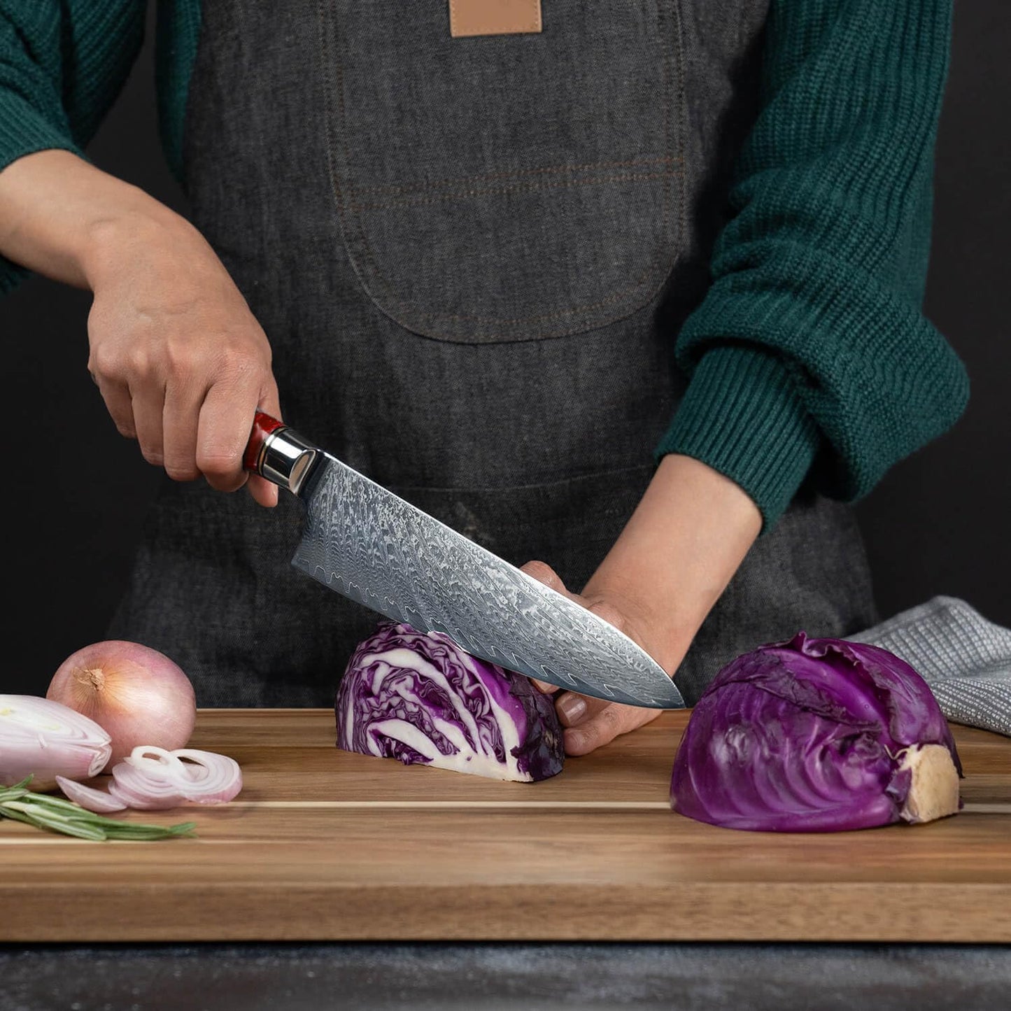 SENKEN 7-Piece Damascus Kitchen Knife Set - Tsunami Collection - 67-Layer Japanese VG10 Steel - Chef's Knife, Cleaver, Santoku, Bread, Boning, & More (Red Resin Blend)