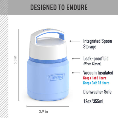 THERMOS ICON Stainless Steel Food Jar with Spoon, 12 Ounce, Light Blue