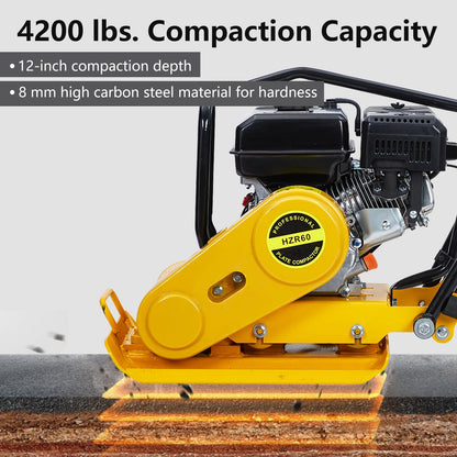 7HP Plate Compactor, 212CC Gas Engine, 4200lbs Power Jumping Jack Tamper, 22.1x15.9 in Plate Compaction Force Rammer Jumping Jack Tamper, 5600 VPM Pavement Compactor for Asphalts, Walkway
