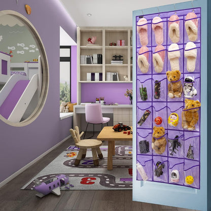 24 Modern Over the Door Shoe Rack Organizer with Clear PVC Pockets, Purple