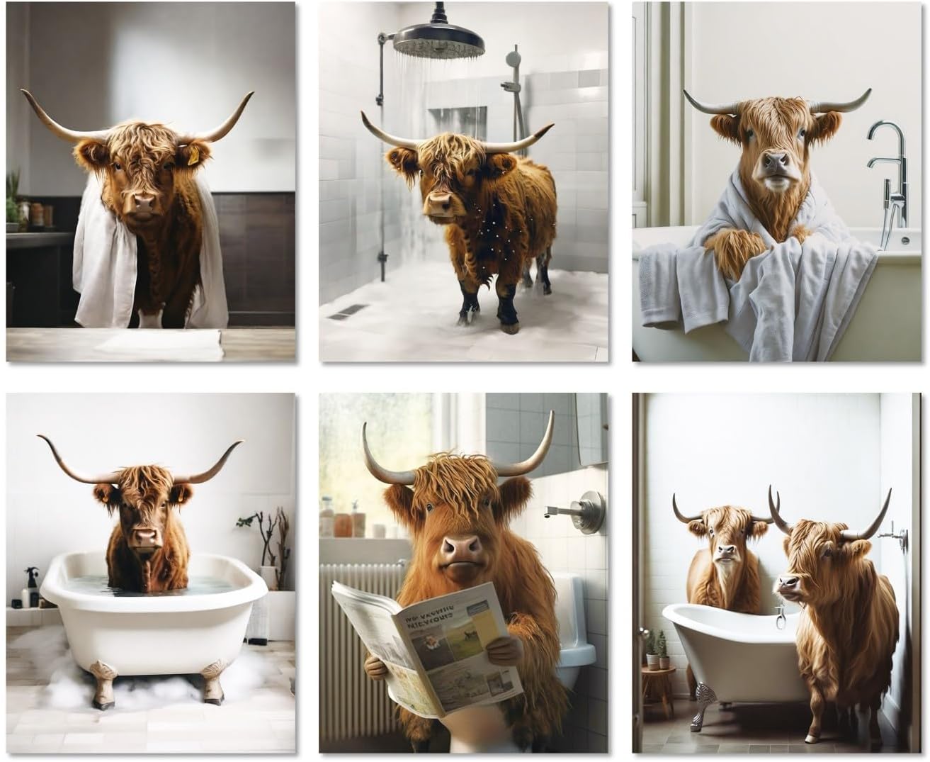 MINI ZOZI Cow Bathroom Decor 8x10, 6PCS Canvas Pictures Wall Decor Funny Highland Cow Prints Art