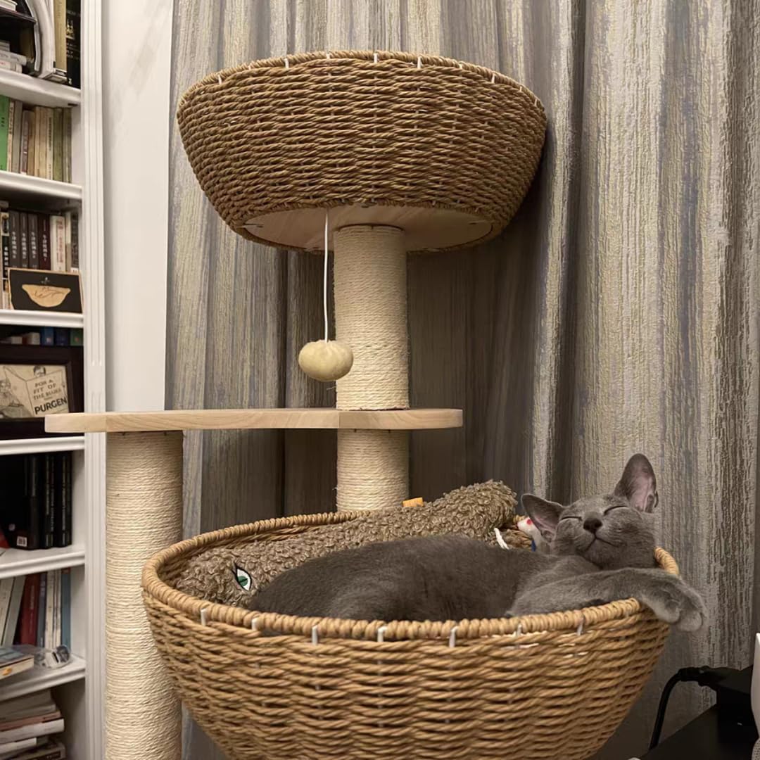 54" Modern Cat Tree for Large Cats, Wood Luxury Multi-Level Oak Solid Wood Cat Trees Cat Towers with 3 Rattan Weaving Cat Nests & Washable Cushions, Sisal Scratching Posts, for Indoor Cats-Lacquered