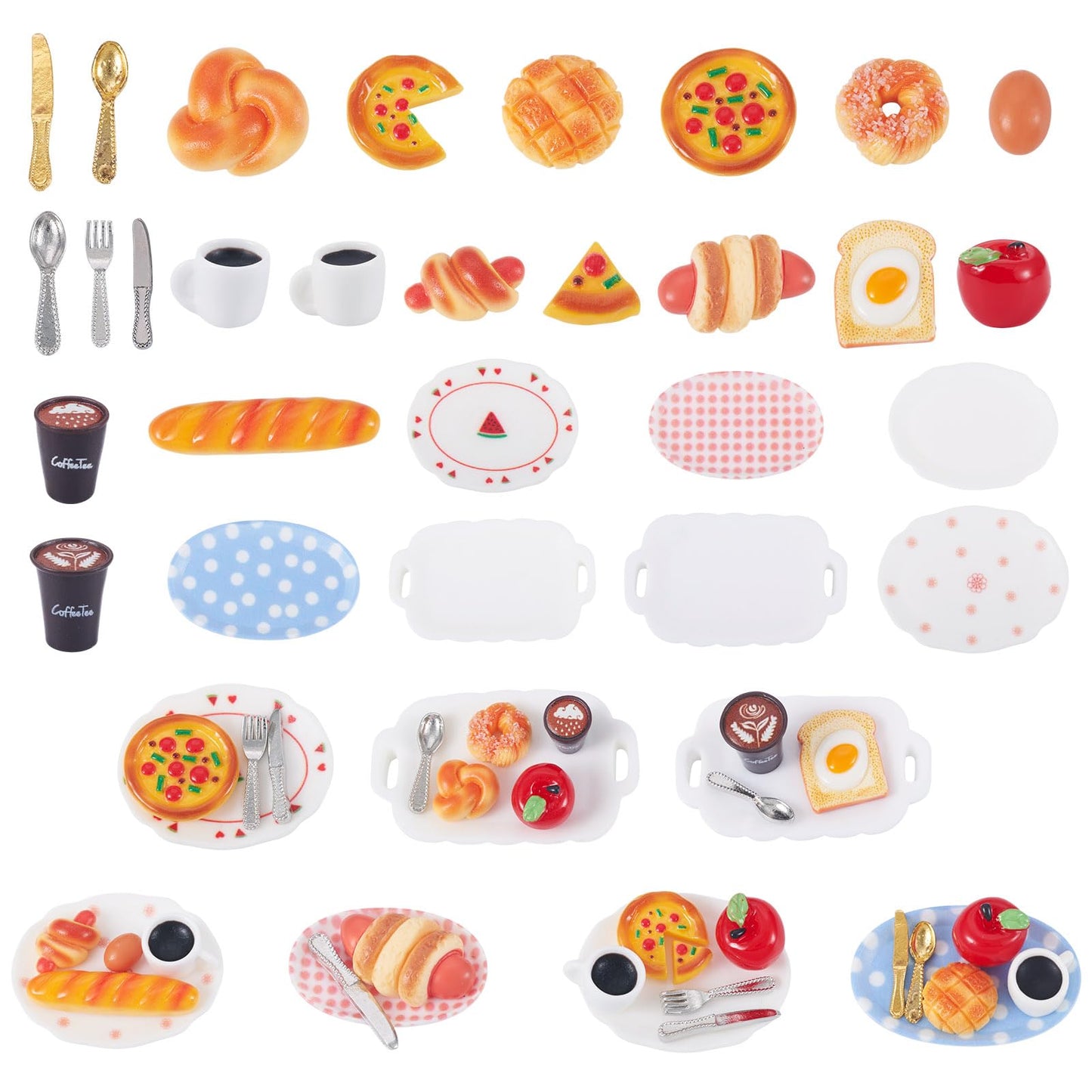 Magibeads 7 Sets Miniature Breakfast Decorations Kits Plates Food Drink Coffee Cup Bread Resin Mini Ornaments Micro Landscape Dollhouse Accessories Pretending Prop Decorations House Kitchen Home Decor