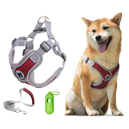 Patas Lague Dog Harness with Leash Set for Small Medium Dogs, No Pull No Choke Reflective Step in X Head Pet Harness Vest with Poop Bags and Dispenser, Adjustable and Padded, Red Medium
