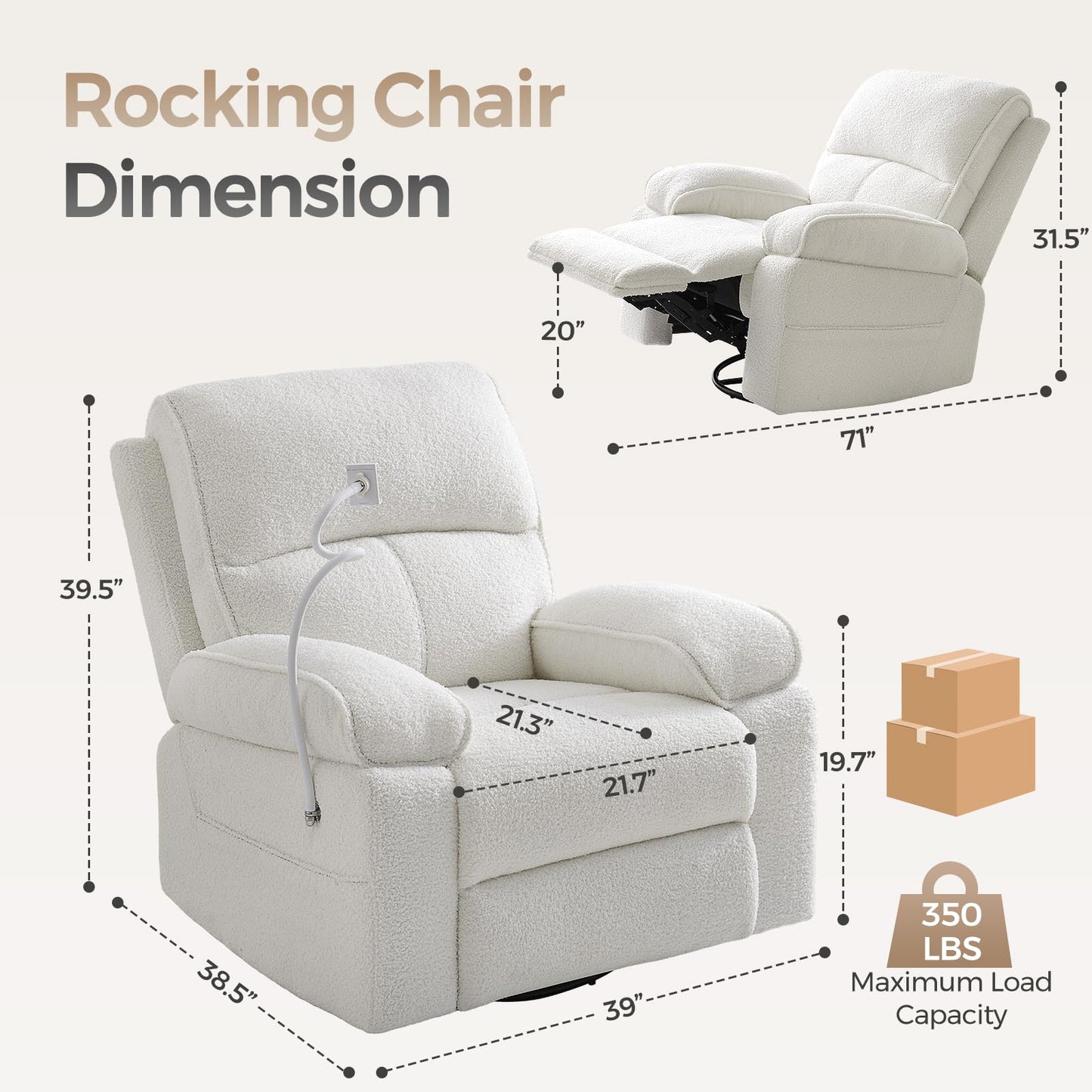 YuuYee Teddy Fleece 360° Swivel Rocker Recliner Nursery Rocking Chairs with Phone Holder Manual Gilder Recliner Chair with Wide Foot Rest for Living Room and Baby Room