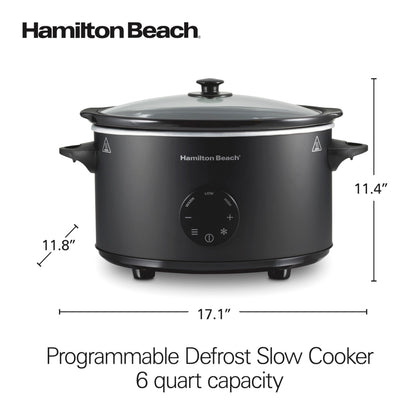Hamilton Beach 6 Quart Set & Forget Programmable Slow Cooker with Defrost Function, Flexible Programming, Adjustable Countdown Timer, Large Dishwasher Safe Stoneware Crock and Glass Lid, Black (33765)