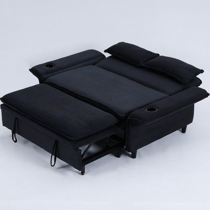 KEIKI 66" Convertible Sofa Bed w/Cup Holder, 3 in 1 Corduroy Sleeper Couch with Pull Out Bed, Adjustable Armrests & Backrests, Modern Chaise Lounge Chair for Living Room Bedroom, Easy Assembly, Black
