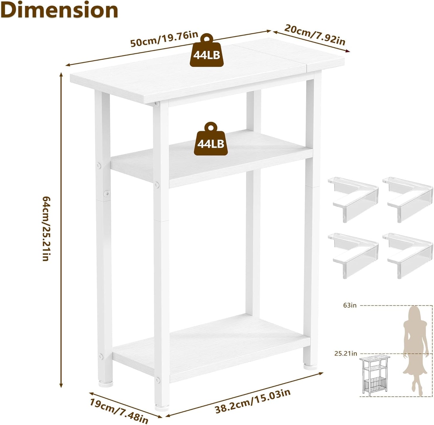 25.2" HET005WT1 Heybly Small Narrow Side Table for Small Space, Thin Bedside Table, Slim Sofa Table, Skinny End Table