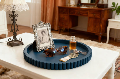 12in Handmade Decorative Tray for Coffee Table Tray Decor, Blue Wooden Decorative Round Tray for Kitchen, Living Room