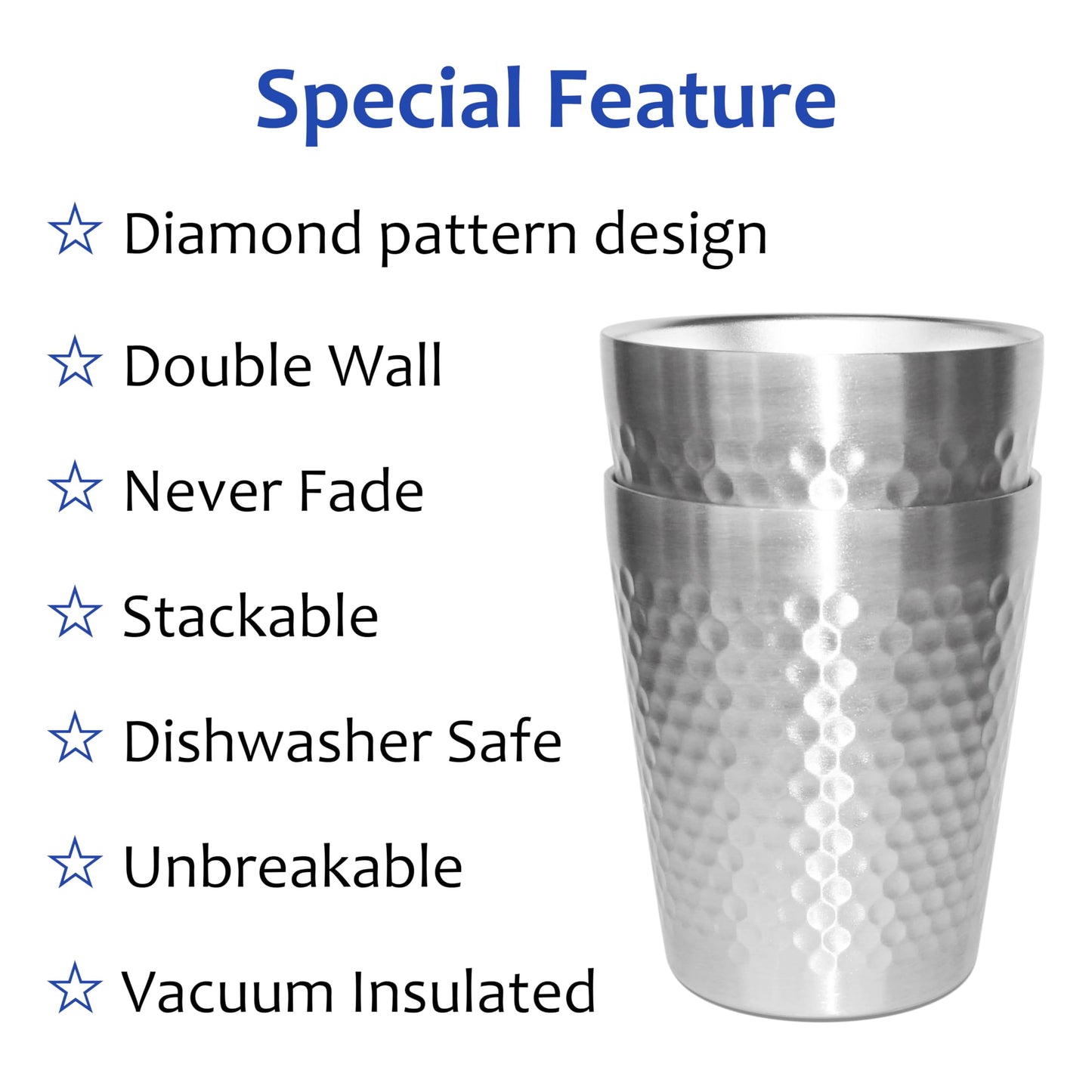 TIICOO Stainless Steel Cups 2 Packs 10oz/300ml Stackable Double Wall Insulated Metal Shatterproof Cups Titanium-Plated Diamond Textured Surface Heat Resistant Dishwasher Safe (Silver)