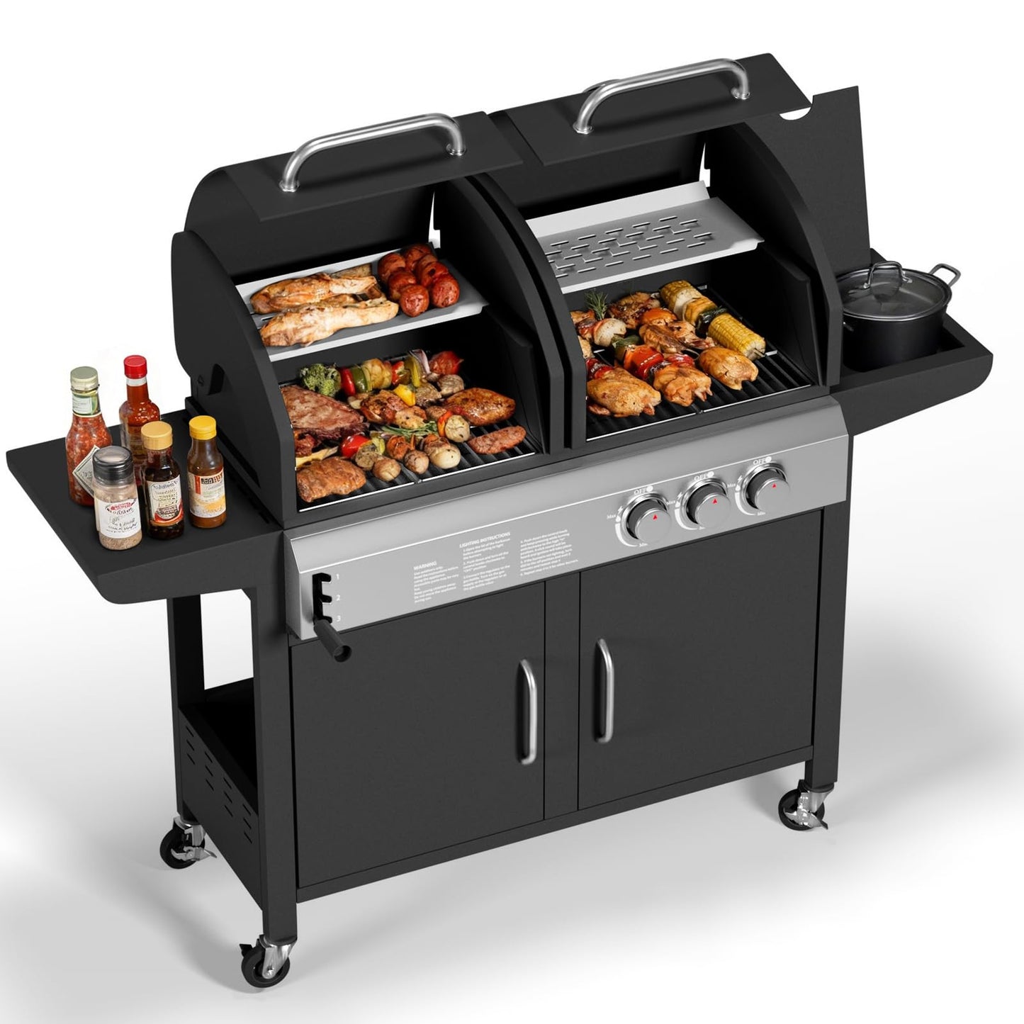 Garvee 3 Burner Propane Gas and Charcoal Grill Combo with Side Burner, Outdoor Dual Fuel Grill with Storage Cabinet for Patio & Party & Kitchen & Backyard Barbecue