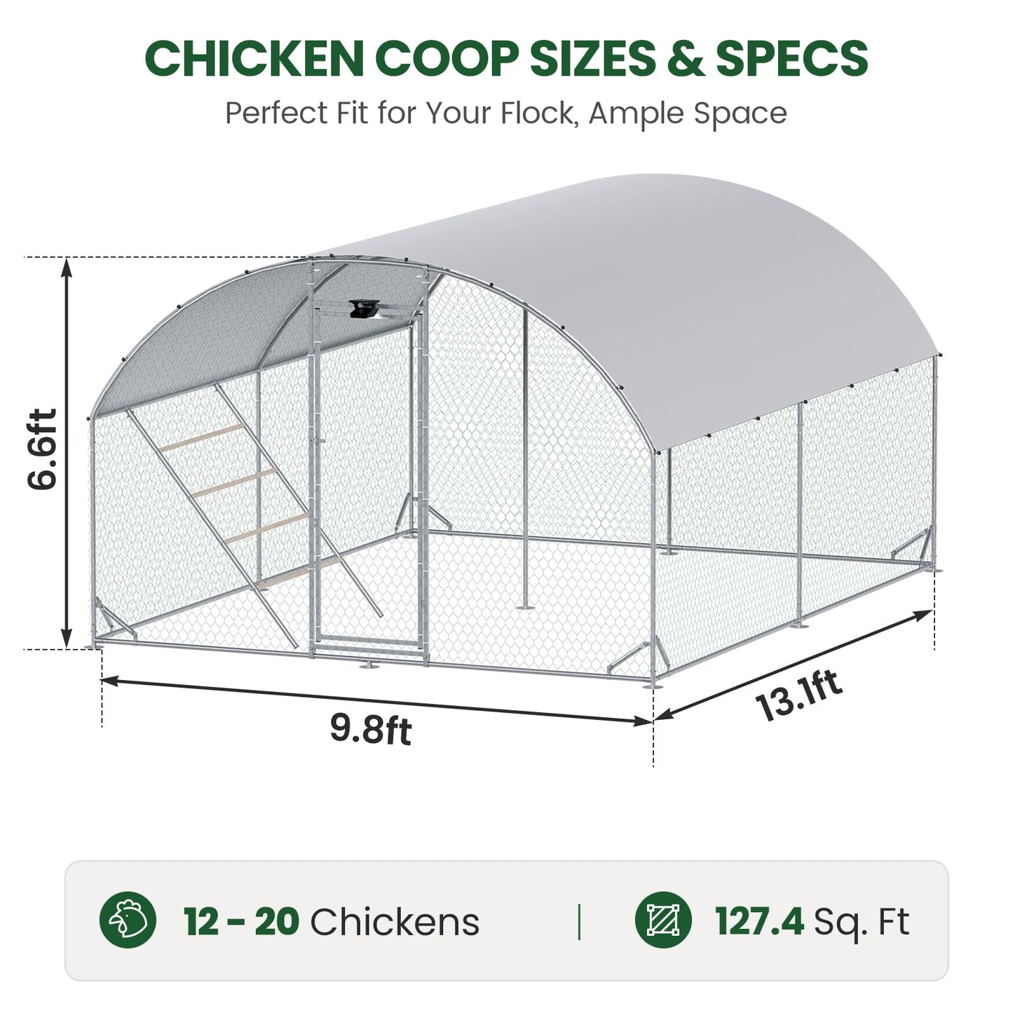Chicken Coop Large Metal Chicken Run with Full-Top Waterproof Cover - Chicken House for 16/20 Chickens, Poultry Cage with Solar Light, Backside Poles, Walk-in Pen for Rabbits Ducks Yard 2 Room