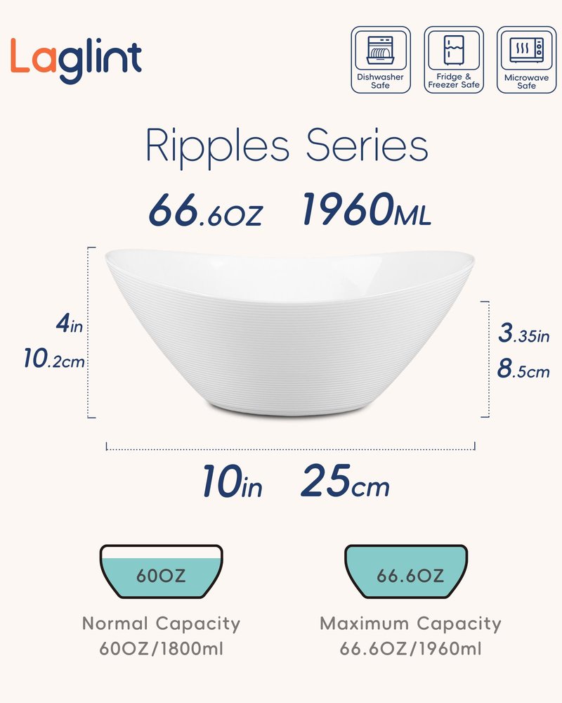 LaGlint 66 OZ Salad Bowl Set of 2, Opal Glass 10 inch Ultra-thin&Lightweight Serving Dishes for Salad, Fruit, Kitchen Microwave & Dishwasher Safe, Oval Shape White