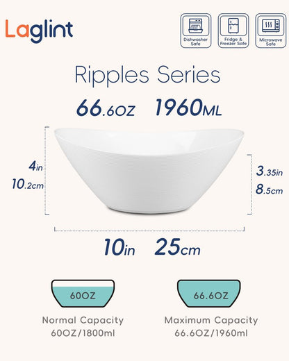 LaGlint 66 OZ Salad Bowl Set of 2, Opal Glass 10 inch Ultra-thin&Lightweight Serving Dishes for Salad, Fruit, Kitchen Microwave & Dishwasher Safe, Oval Shape White
