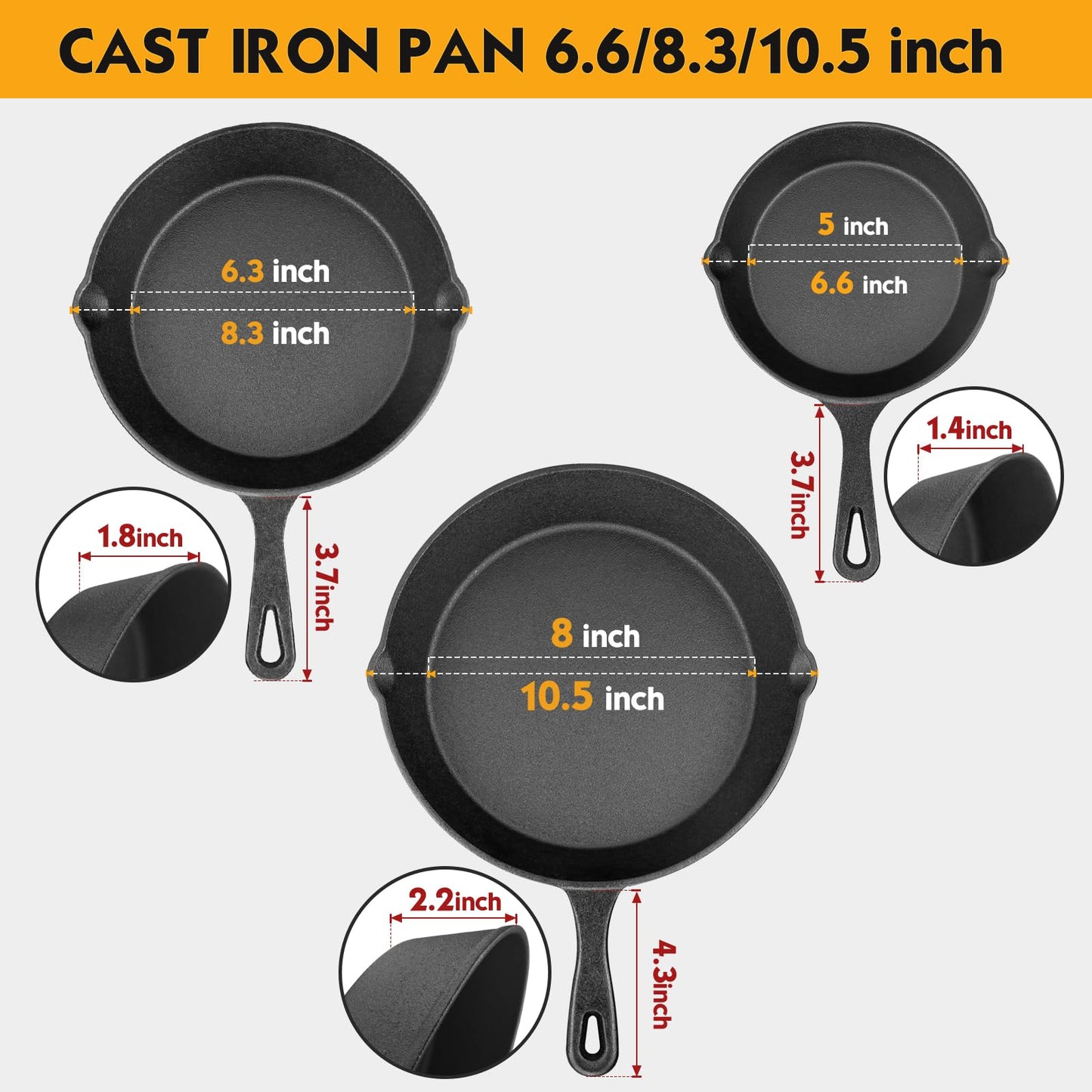 rincentd Pre-Seasoned Cast Iron Skillet Set - 3 Piece Frying Pan With Heat-Resistant Handles (6, 8, 10 Inch) for Frying, Saute, Pizza, Oven Safe (Black)
