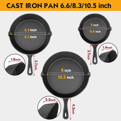 rincentd Pre-Seasoned Cast Iron Skillet Set - 3 Piece Frying Pan With Heat-Resistant Handles (6, 8, 10 Inch) for Frying, Saute, Pizza, Oven Safe (Black)