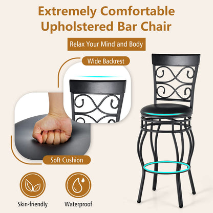 COSTWAY Bar Stools Set of 4, 360 Degree Swivel, 30" Bar Height Bar stools, with Leather Padded Seat Bistro Metal Vintage Chairs with Back for Kitchen Island, Pub (Set of 4)