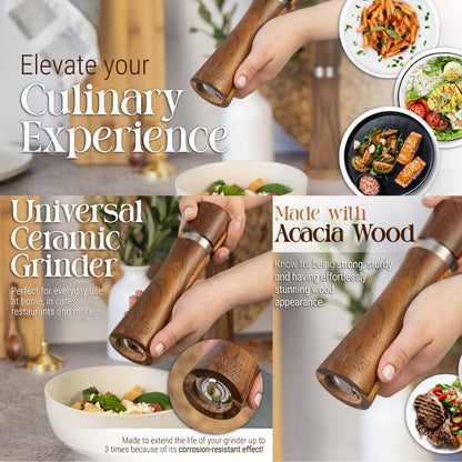 Acacia Wood Salt & Pepper Grinder Set – 8" Manual Adjustable Mills – Wooden Pepper Mill Gift Set with Funnel, Spoon & Brush – Eco-Friendly Kitchen Spice Grinder