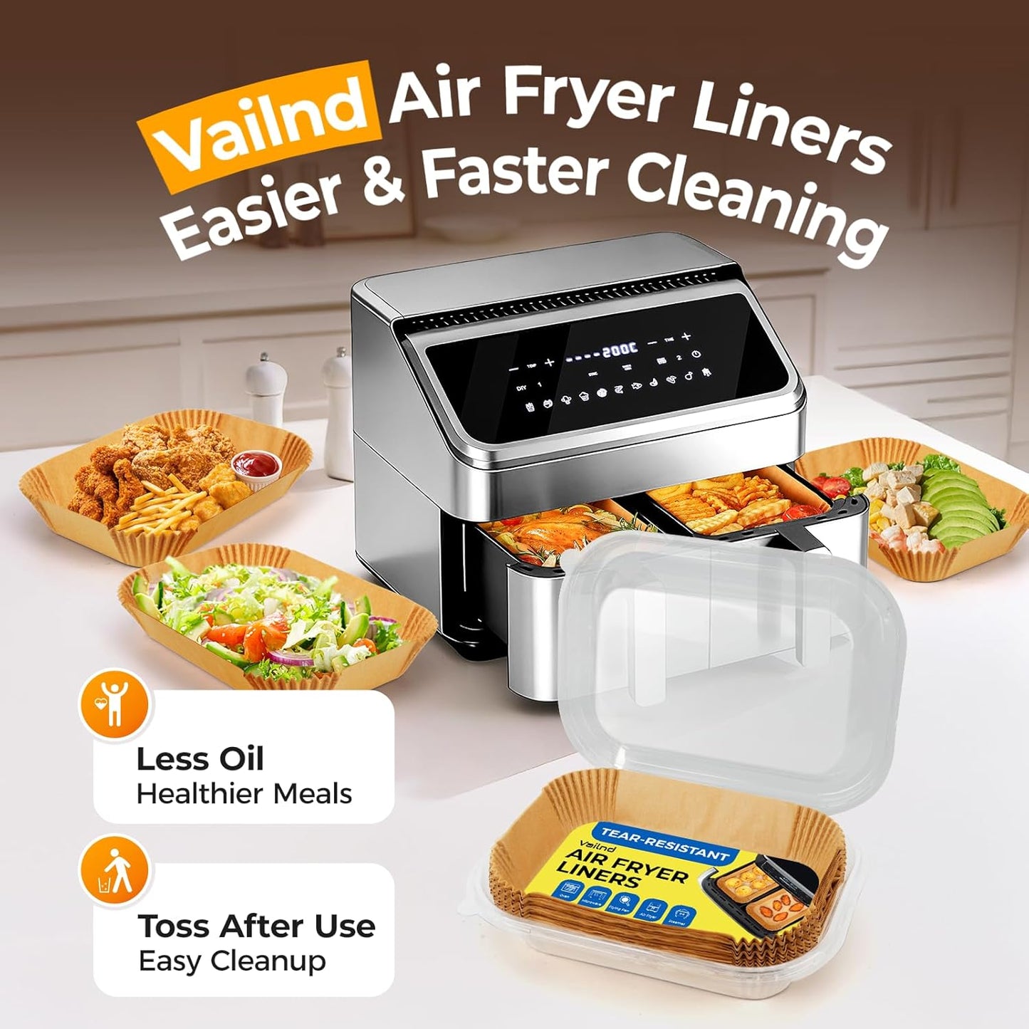 Vailnd Disposable Air Fryer Liners - 200 Pcs Rectangle Parchment Paper for Ninja & Chefman | Oil-Proof, 8.6x5.5 Inch