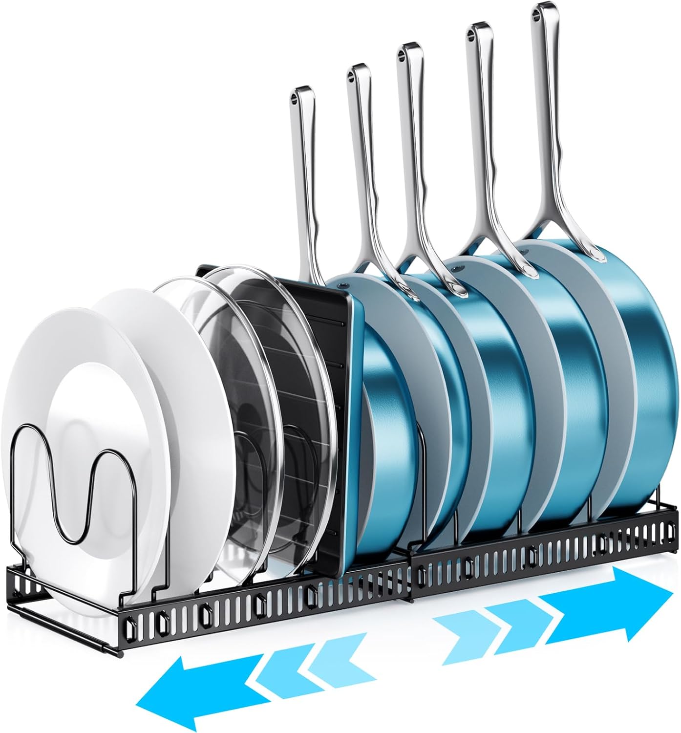 ORDORA Expandable Pots and Pans Organizer Under Cabinet, Cutting Board Pot Lid Holder with 10 Adjustable Dividers
