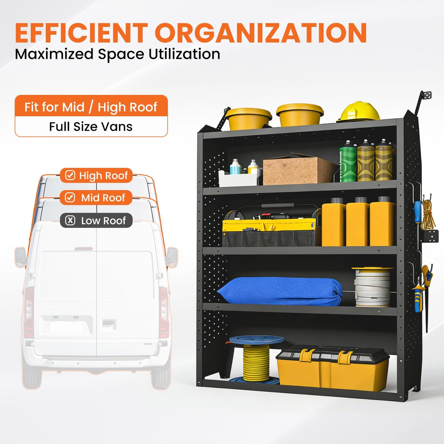 EONECROSS Cargo Van Shelving 4 Tier 52" W x 60" H x 13" D, Heavy Duty Steel Work Van Storage System for Ford Transit, Promaster, Sprinter, Chevy Express, Tool Organizer for Electricians, Contractors