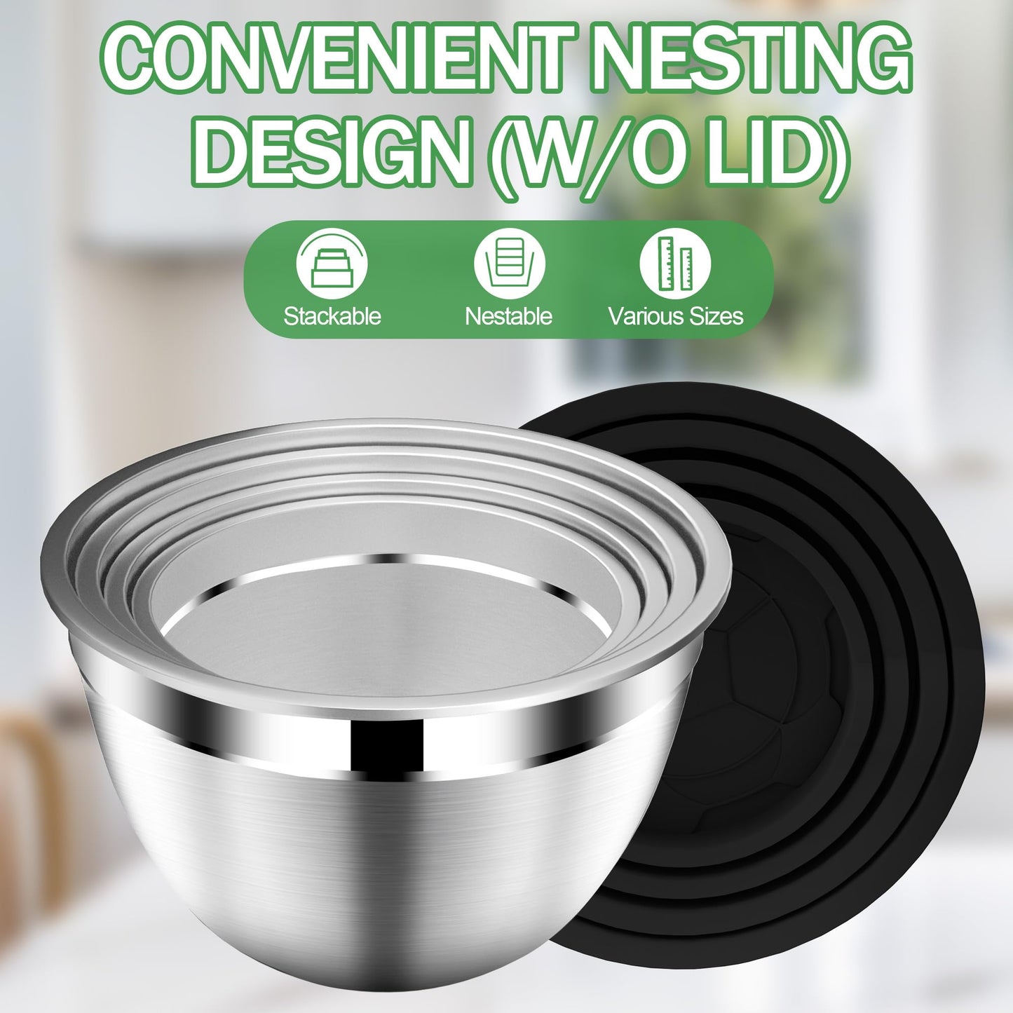DUTZUN Mixing Bowls with Lids Set, Stainless Steel Mixing Bowls with Colander, Strainer with Mixing Bowl Set, Serving Bowl Kitchen Gift, Size 4.5, 2.5, 2, 1.5QT - Black
