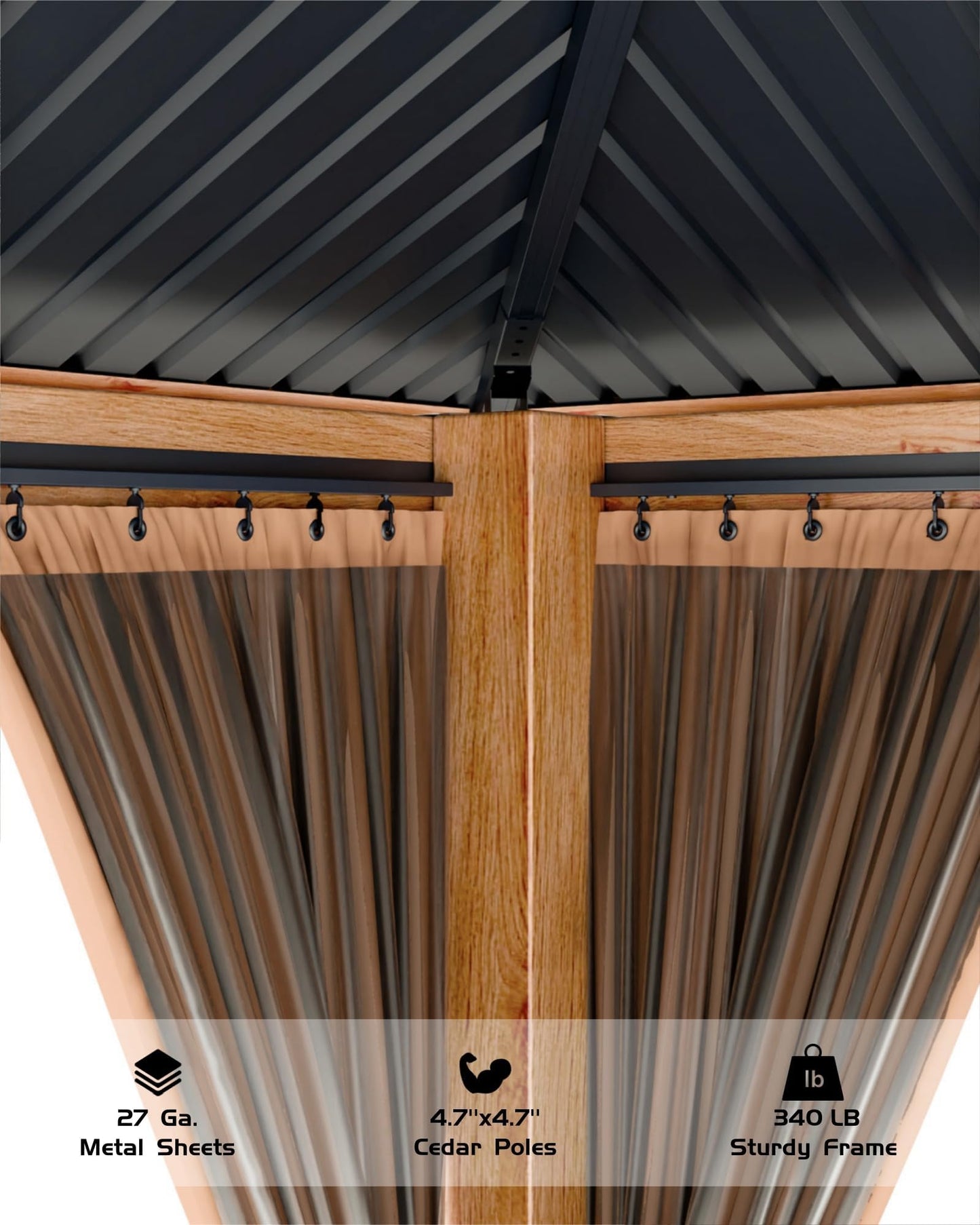 IDEALHOUSE 10x12 FT Outdoor Hardtop Wood Gazebo with Cedar Frame, Double Galvanized Steel Roof, Patio Pavilion with Curtains, Mesh Netting & Ceiling Hook for Backyard, Deck, Lawn, Garden