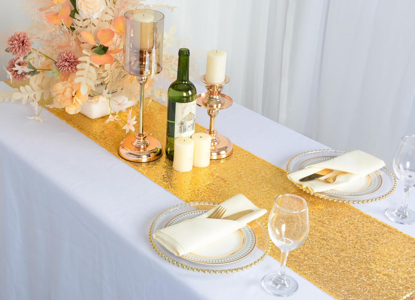 ShinyBeauty Gold Table Runners 2 Packs, 12inx108in Sequin Glitter Table Runner for Weddings, Fall Table Decor