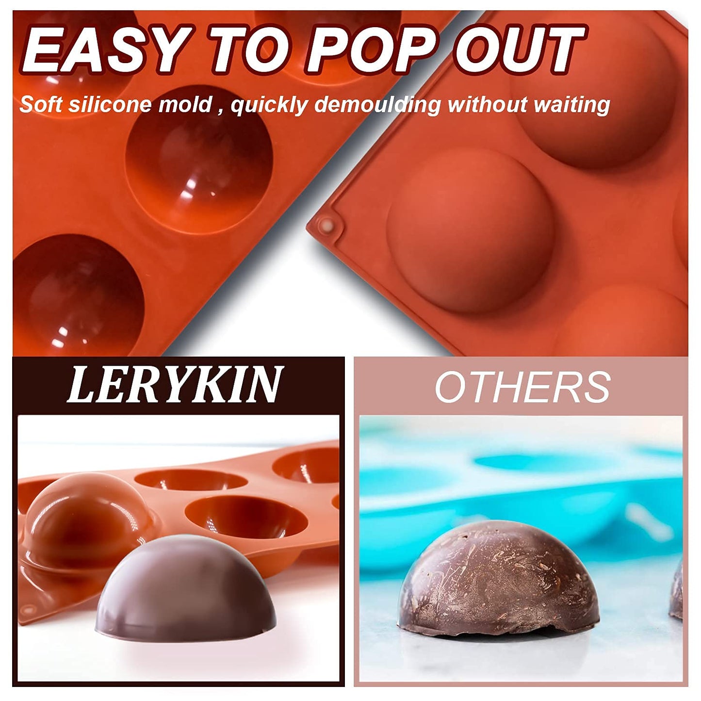 Lerykin 2 Pack Large 6-Cavity Semi Sphere Silicone Molds, Non-Stick Baking Mold for Making Standard Size Hot Chocolate Bomb, Cake, Jelly, Dome Mousse