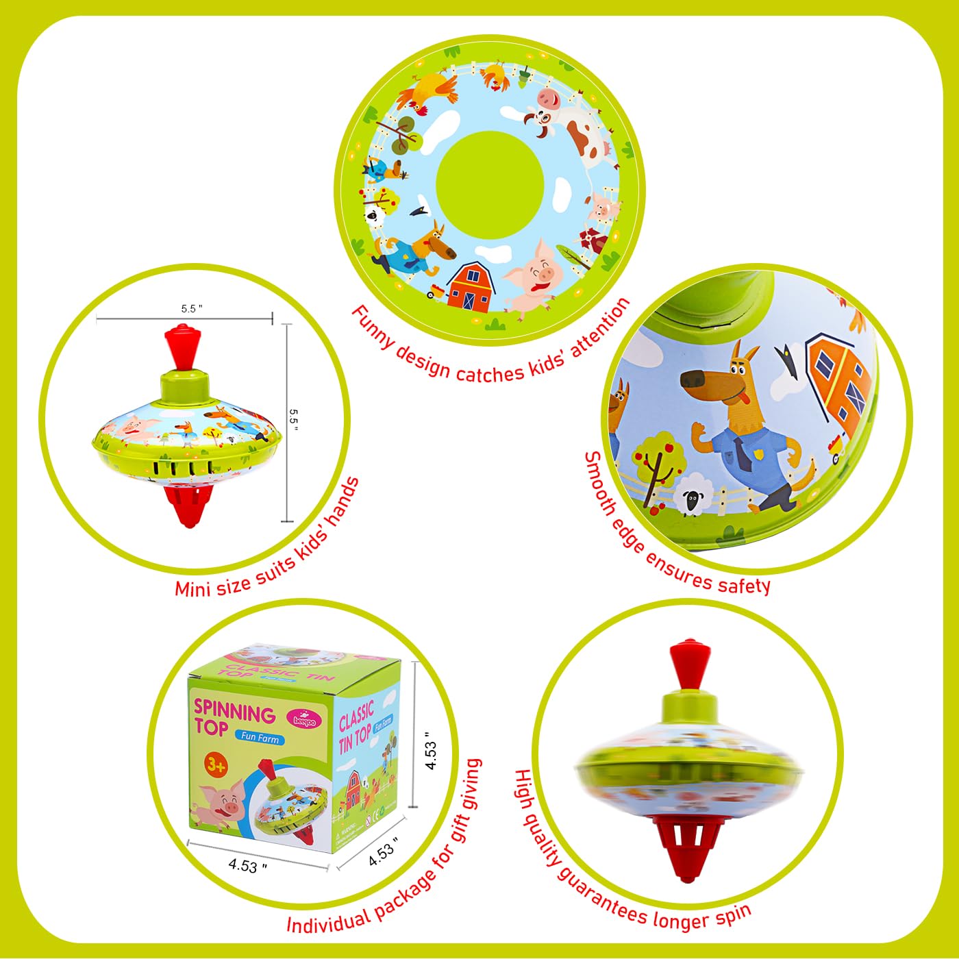 Beeqoo Fun Farm Spinning Top Tin Toy for Kids – Retro Classic Toys - Toddler Traditional Spin Tops - Metal Fidget Spinner for Kindergarten – Sensory Gyroscope - Novelty Present Party Favors