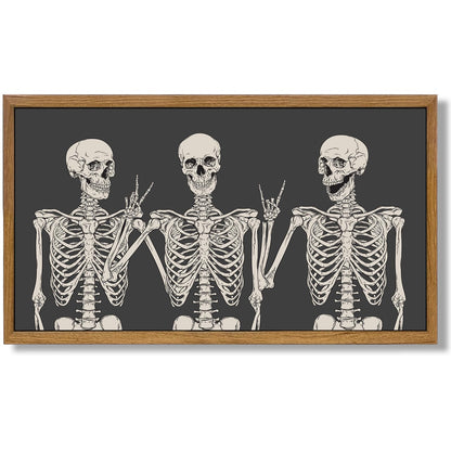 Aroutde Framed Gothic Skull Skeleton Canvas Wall Decor Funny Skull Victory Hippie Posing Print Hallpween Wall Art Small Spooky Painting Artwork for Home Bedroom Living Room Decorations 18''x10''