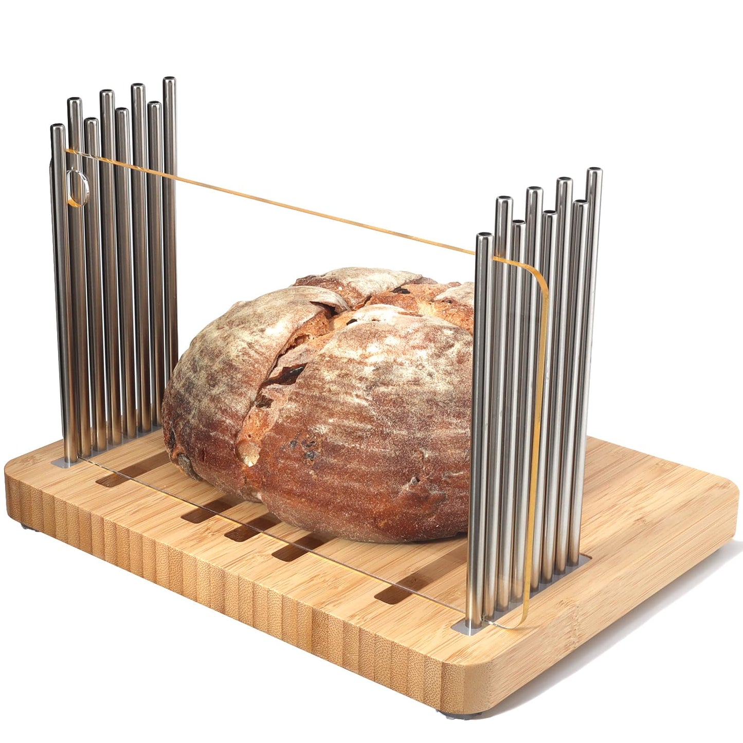 Resbywarm Bamboo Bread Slicer for Homemade Bread,Stainless Steel Slicing Guide for Bread, Adjustable Width, Foldable and Compact Cutting Guide, Bread Slicer for Sourdough Rounds, Bagels, Cake,Toast