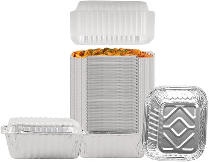 PARTY BARGAINS 1 Lb. Small Aluminum Pan with Lids - 50 Pack Disposable Take-Out Pans