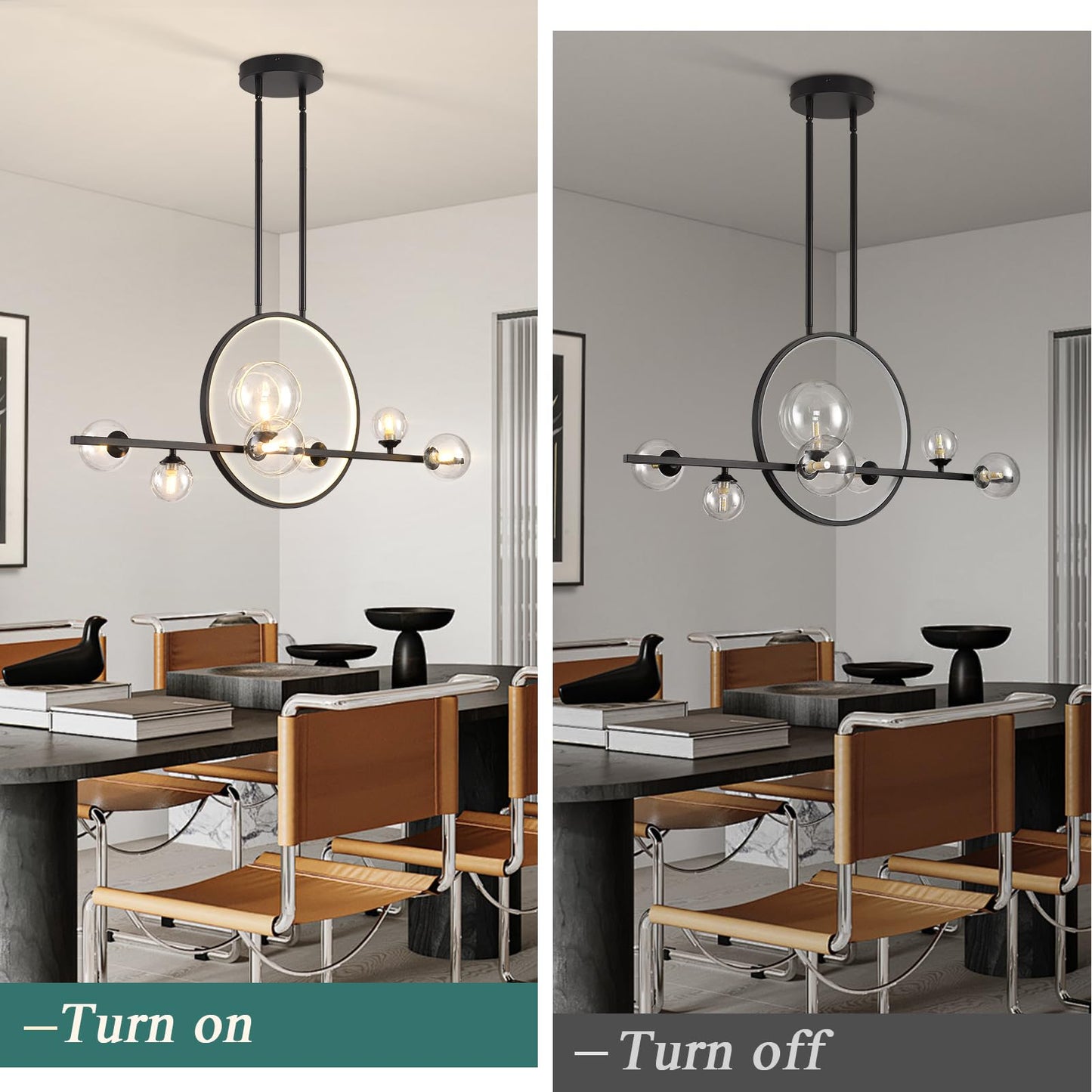 KELUOLY Modern 7 Light Dining Room Chandelier, 37.4" Black Dimmable Mid Century Linear Pendant Lights with Globe Glass Shade, Minimalist Island Light for Dining Room, Office, Kitchen