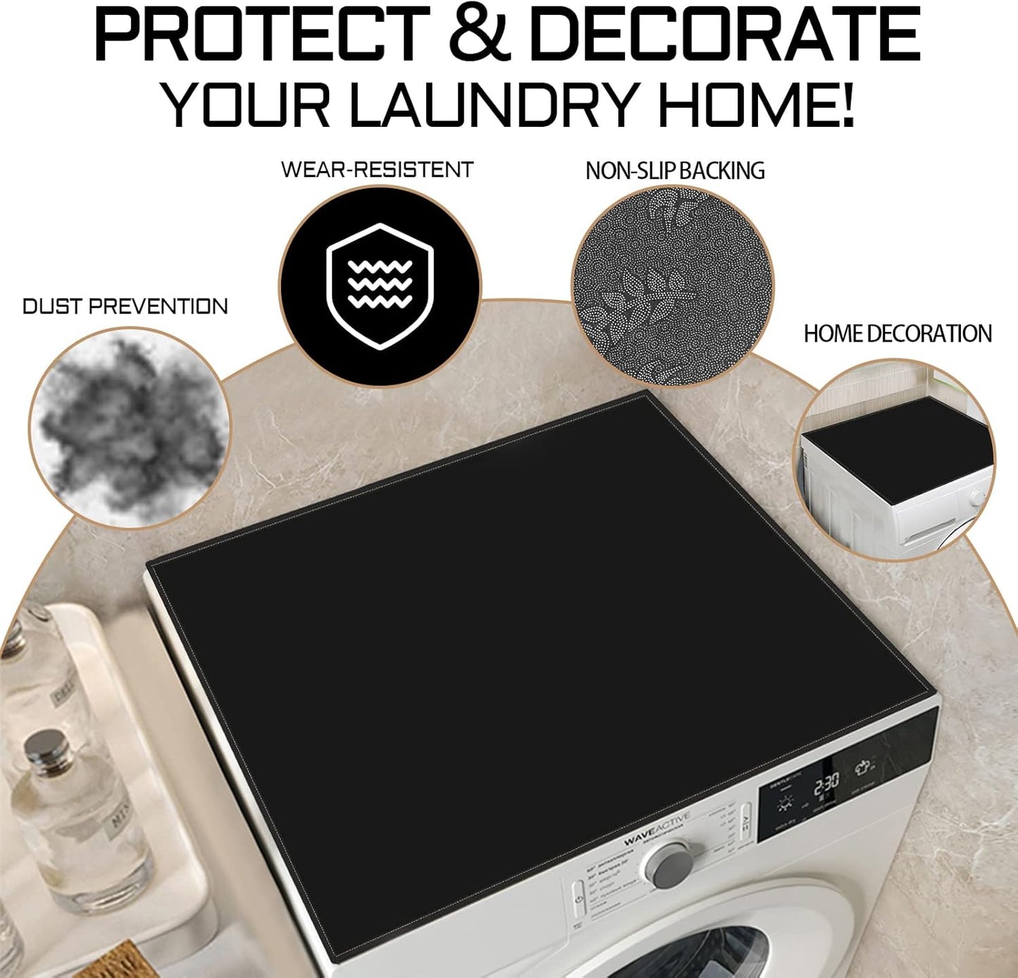 Washer or Dryer Top Mat Cover, Anti-Slip Dust-Proof Top Cover, 23.6'' x 23.6'' Black Covers for Home Kitchen