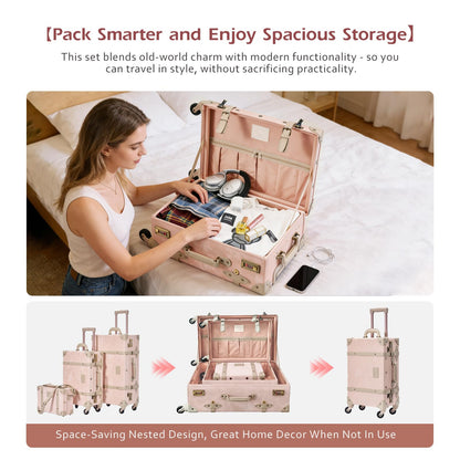 UNIWALKER Vintage Suitcase Set of 3, Retro Leather Travel Luggage with Cosmetic Train Bag for Women(Velvet Pink, 26''+20''+12'')