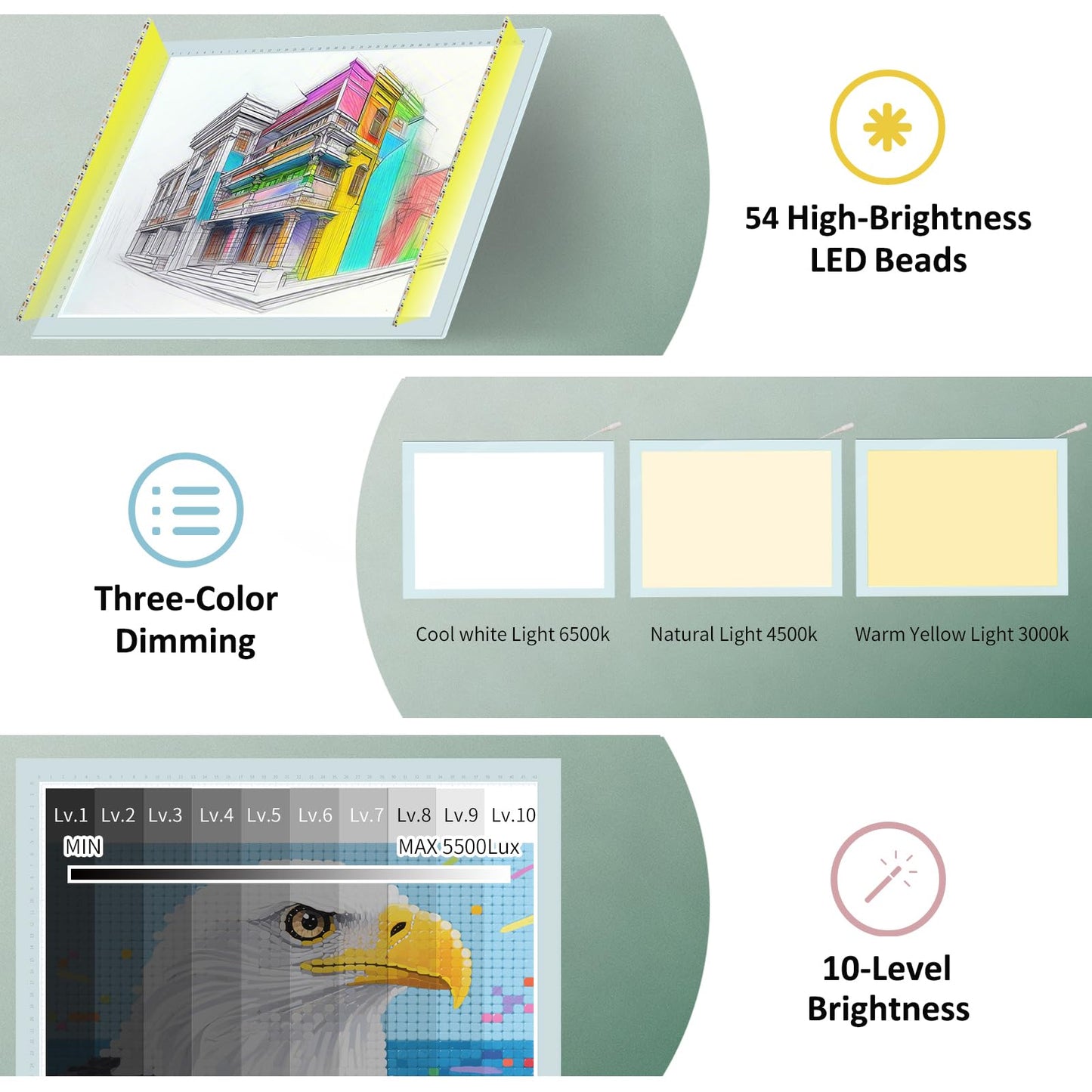 A3 Artist Tracing Light Box/Copy Board with 10-Level Dimming Switch, Art Craft Light Pad Suitable for Tattoo Drawing, Sketching, and Animation, 3 Color Light Modes Super Bright for Diamond Painting