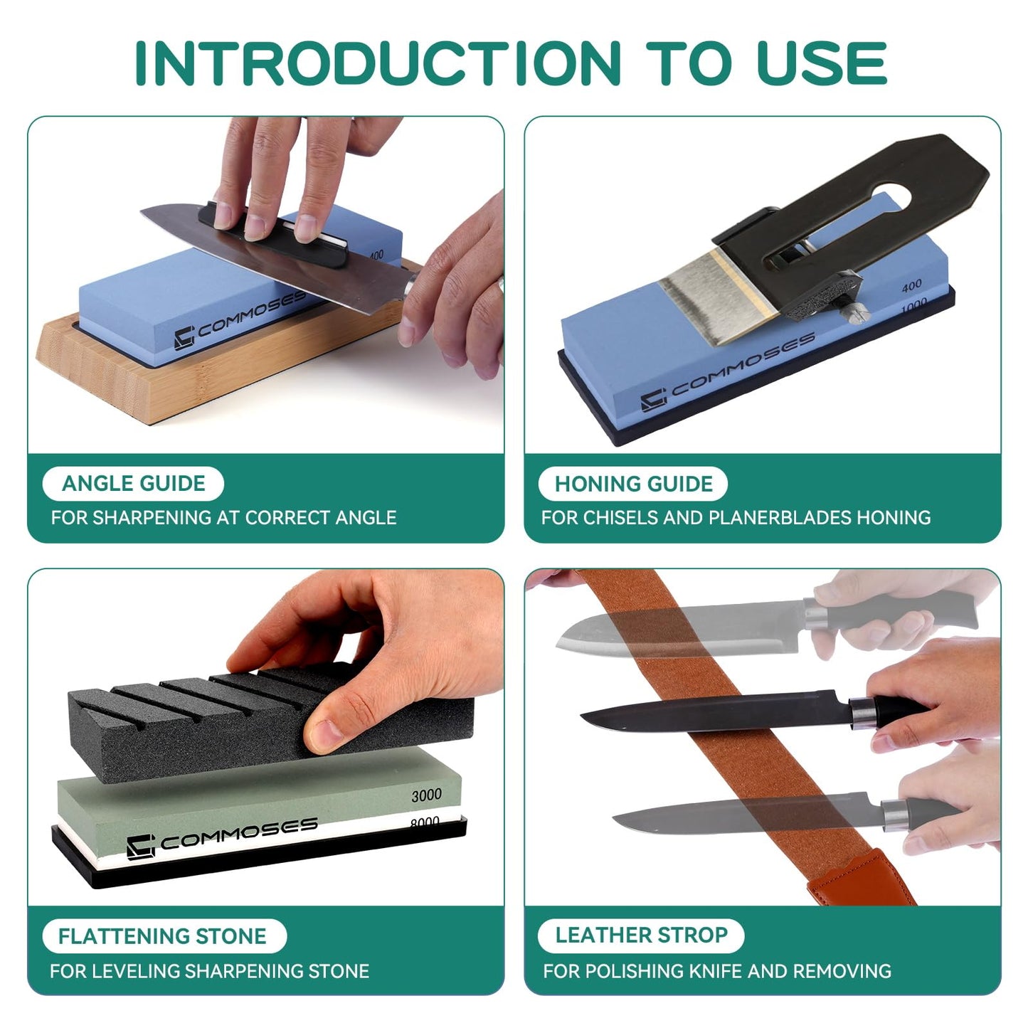 Whetstone Sharpening Stone Knife Sharpener Stone Set: 4 Side 8000|3000 1000|400 in Kitchen With Bamboo Base,Cut Resistant Gloves,Angle Guide,Honing Guide,Flattening Stone,Leather Strop,Rubber pad