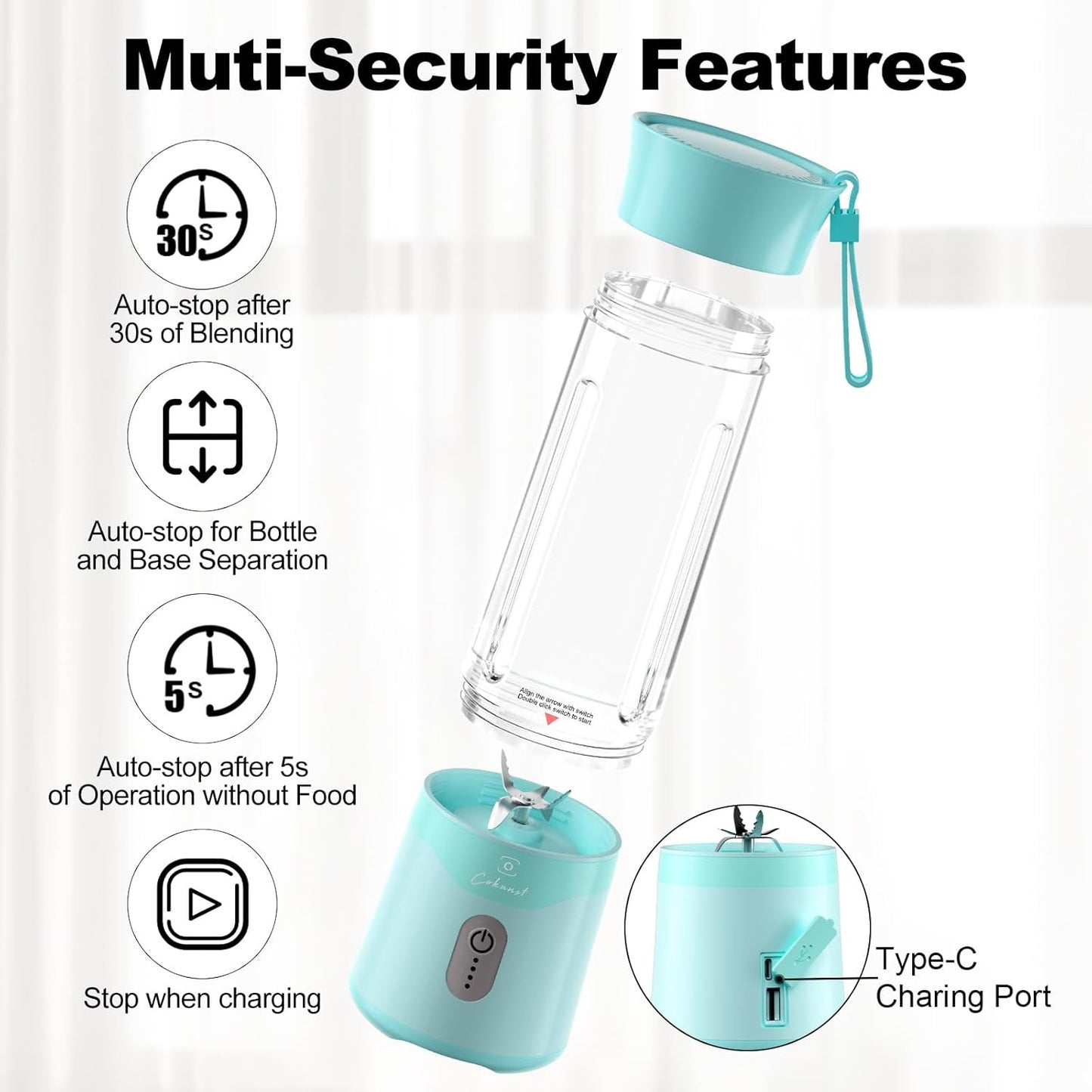 COKUNST 18oz Portable Blender, USB Rechargeable Personal Size Smoothie Blender with 6 Blades