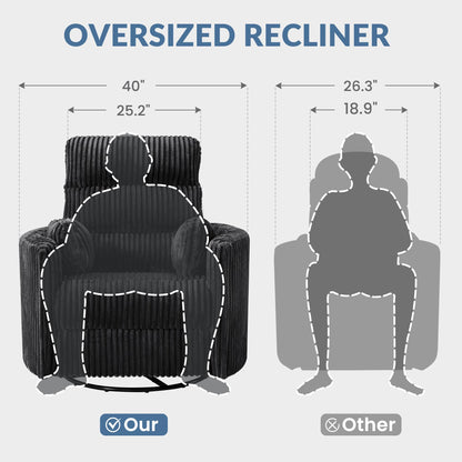 GRAINELL Oversize Power Swivel Recliner, 40in Wide Electric Glider Rocking Chair with Headrest Adjustment, USB Port, 270° Swivel, Rock 30° – for Living Room, Nursery, Black (5" 7' to 6" 1' Height)