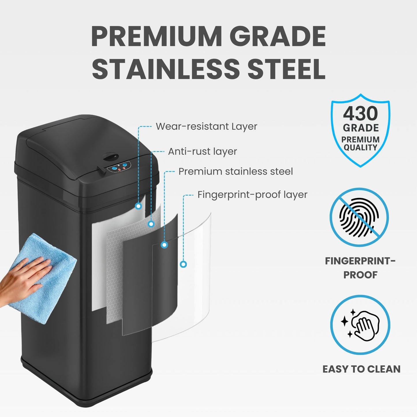iTouchless 13 Gallon Automatic Garbage Can with Odor Filter, 50L Touchless Kitchen Wastebasket, Smart Hands-Free Motion Sensor Lid, Fingerprint-Proof, Pet-Proof Dog Lock & Soft-Close, Matte Black
