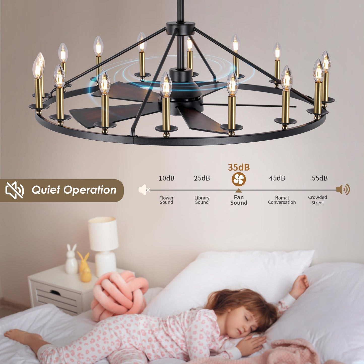 44" Wagon Wheel Chandelier with Fans, Black and Gold Wagon Wheel Ceiling Fan with 16-Light and Remote, Farmhouse Chandelier for Living Room, Adjustable Height, 6-Speed Reversible Quiet Large Fandelier
