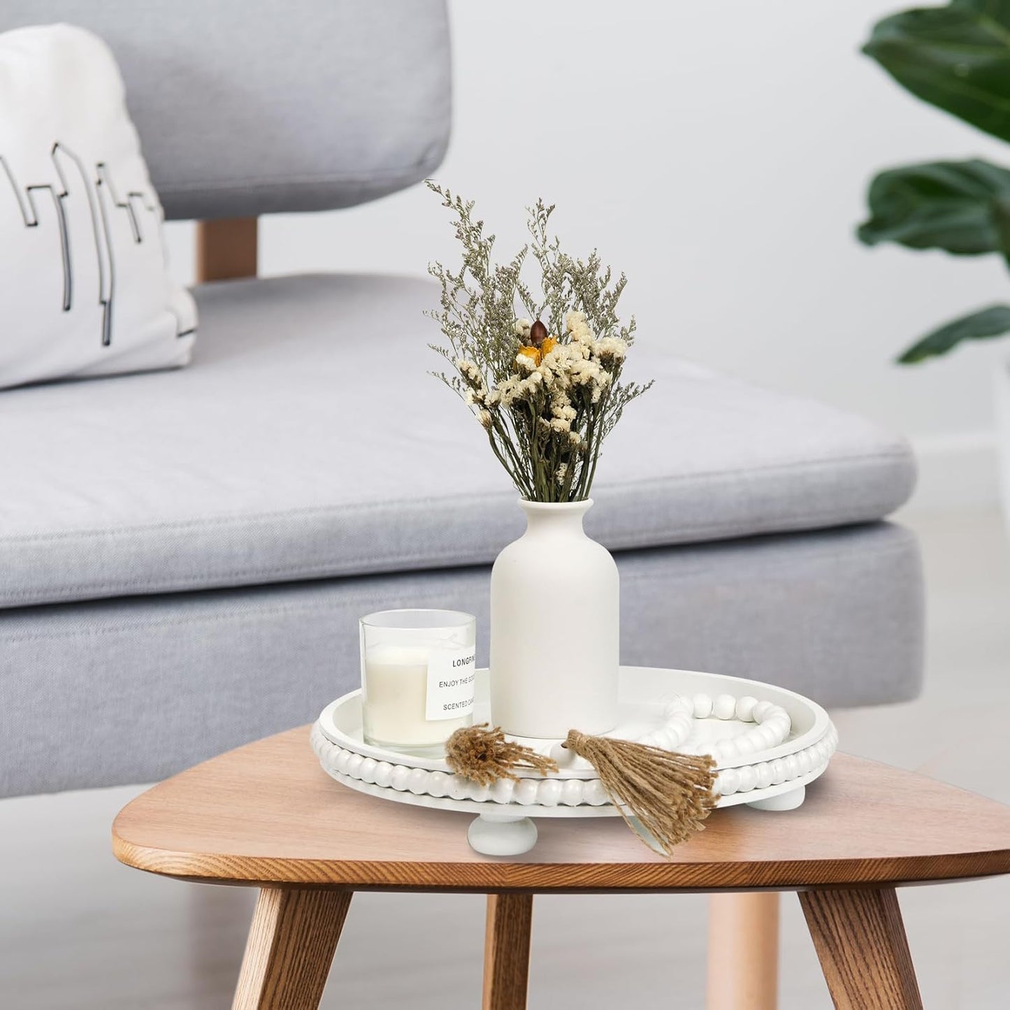 12in White Round Wooden Tray with Wood Beaded Garland for Home Decor- Decorative Tray for Living Room Decor, Coffee