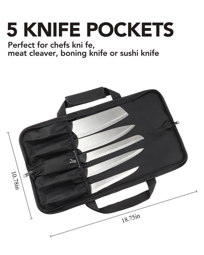 Wessleco Knife Roll, 5-Pocket Chef’s Knife Roll Bag, Knife Bag, Chef Knife Case Nylon Portable Chef Carrying Travel Bag Pouch, Blue(Knives not Included)