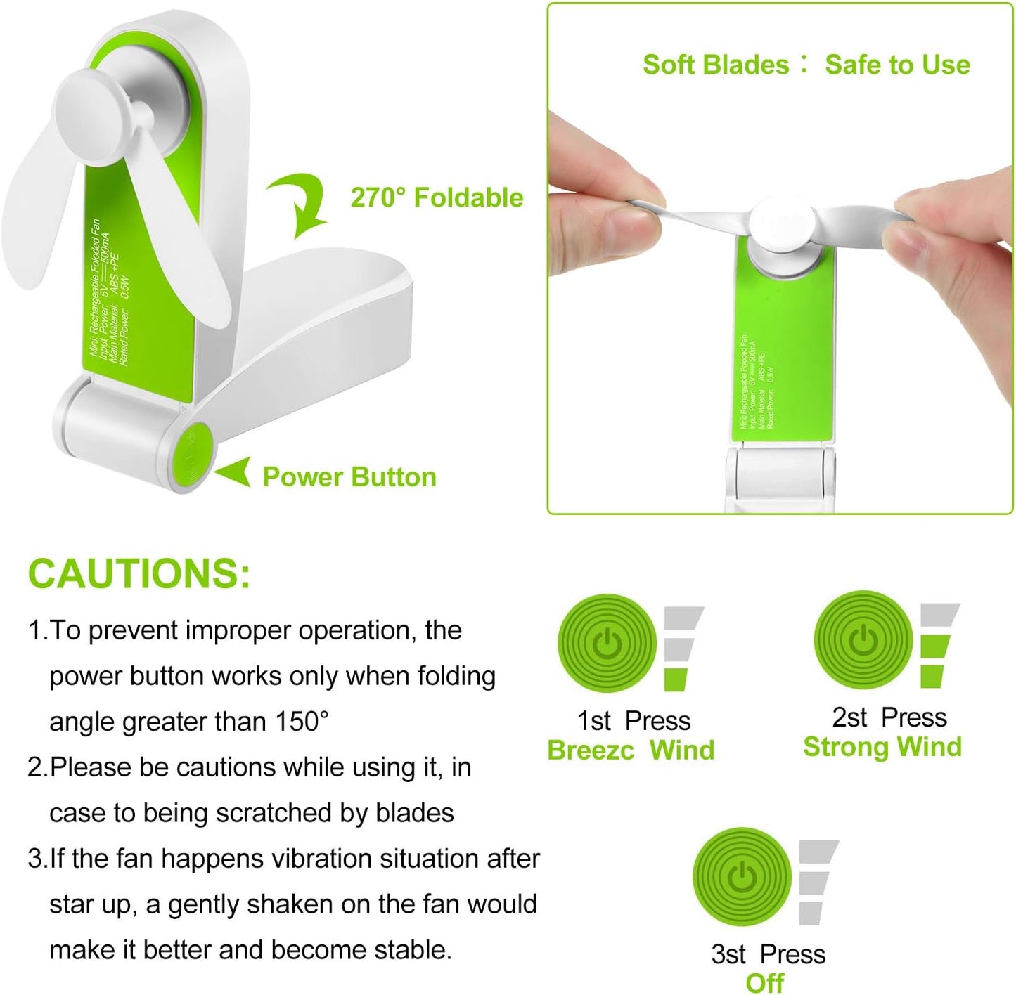 3 Pack Portable Pocket Fans, Handheld Mini Fan, USB Rechargeable for Travel and Outdoors